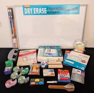 lot 150 image: LS - MessageStore Magnetic Dry Erase Board 24 x 36 in with Office Supplies Lot