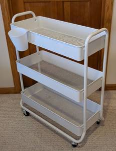 lot 152 image: LLR - White 3-Tier Mesh Rolling Cart With Cup Holder