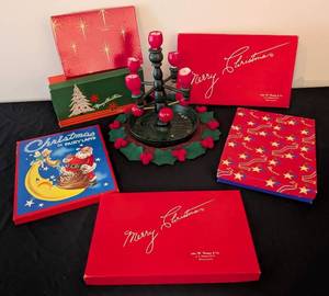 lot 212 image: LS - John W. Thomas & Co. Vintage Christmas Boxes & Candleholder - 13 in high, 9 in diameter