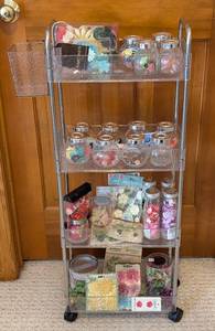 lot 214 image: LR - Petaloo Floral Embellishments & Jolees Boutique Buttons on Rolling Craft Cart