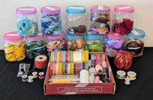lot 215 image: LS - Ribbon & Craft Wire Collection - Colorful Spools & Jarred Ribbons