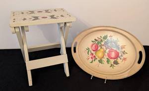 lot 226 image: LB - Vintage Rosemaling Side Table with 2 Drawers and Vintage Metal Oval Fruit Tray