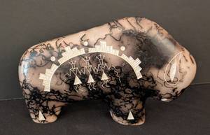 lot 228 image: LR - Horsehair Pottery Buffalo Figurine, Signed Vail
