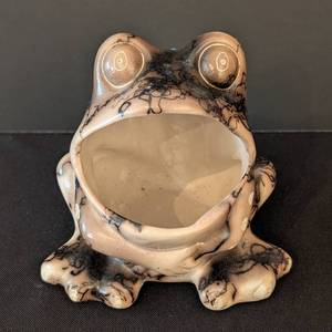 lot 229 image: LR - T. Vail Horse Hair Pottery Open Mouth Frog Figurine