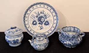 lot 232 image: ML - Bombay Company Blue & White Porcelain Tea Set - 13-inch Plate, Teapot, Sugar Jar & Tureen