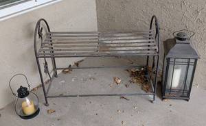 lot 286 image: FD - Wrought Iron Bench with 2 Lanterns