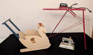 lot 307 image: LS - Sew Master Mini Sewing Machine Toy, Vintage Wooden Rocking Horse & Red Ironing Board - Lot