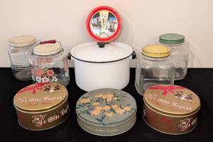 lot 308 image: LS - Vintage Glass Jars with Floral Decals, Enamel Stock Pot & Fruit Cake Tins