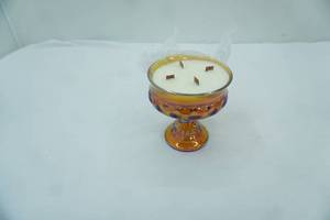 lot 189 image: Vintage Indiana Glass Kings Crown Iridescent Carnival Glass Compote Dish Candle (ambermarigold color) Lilac Scented