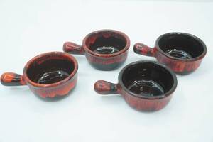 lot 17 image: Retro Red Drip Glaze on Brown Base, French Onion Soup Bowls