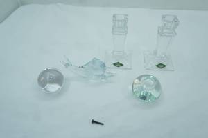 lot 21 image: Crystal Candle Stick Holders & Clear Glass Art Snail Figurine