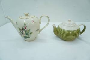 lot 47 image: Herman Doge and Sons Green Stoneware Teapot, Edwin Knowles China Tea Pot in Pink and Wild Rose Pattern