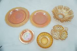 lot 48 image: Vintage depression glass including translucent divided dish, serving platter, Fenton Marigold Carnival glass and more.
