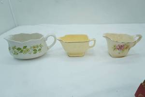 lot 52 image: 3 creamers Ironstone, Homer Laughlin Riviera, Homer Laughlin Virginia Rose