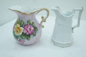 lot 54 image: 2 pitchers Ironstone China, Lefton hand painted porcelain