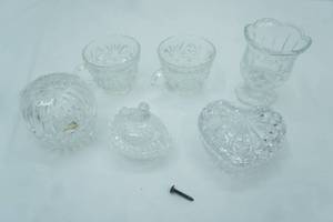 lot 58 image: pressed glass tea cups, ring jars, goblet