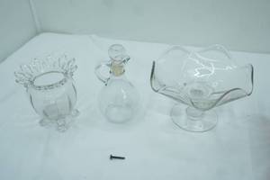 lot 59 image: Duncan & Miller Canterbury 6 petal compote, Imperial Glass Laced edge four footed vase, vintage Anchor Hocking Glass oil bottle with stopper 7 tall