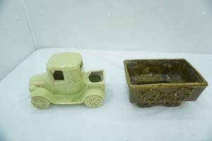 lot 75 image: MCM Green Glazed Ceramic Pedestal Planter, Ceramic Model T Car Planter