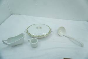 lot 82 image: Ironstone Gravy Boat, Tea Cup, Ladle, China Covered Casserole Dish