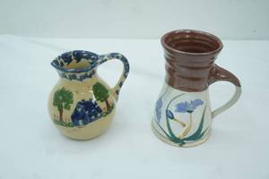 lot 90 image: Vintage Hand-Thrown Stoneware Pottery Pitcher wIris Flowers, Roseville Alpine Pottery Spongeware Pitcher
