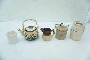 lot 102 image: Vintage Cheese Crocks, Vintage Small Stoneware Creamer, Vintage Otagiri Stoneware Teapot & more