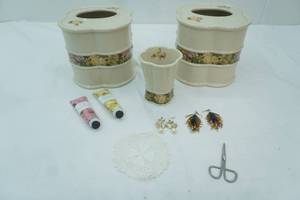 lot 114 image: Vintage Porcelain Ceramic Bathroom Accessories, Womens Beaded Dangle Earrings, Hand-Lotion (New)