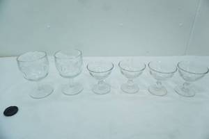 lot 130 image: Clear Glass Goblets wfrosted grape pattern, Crystal Glass Hand-Cut Champagne Saucers
