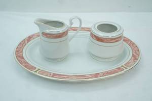 lot 132 image: Majesty Fine China Marble Rose Pattern, Serving Platter, Ceramer, and Sugar