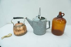 lot 136 image: Antique Copper Kettle, Galvanized Watering Can, Brown Glass Gallon Jug