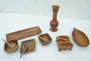 lot 139 image: Vintage Wooden Bowls & Spoons, Hand-Painted Wooden Vase, Wooden Platters and More