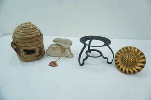 lot 150 image: Sunflower Curtain Tie-Back, Decorative Woven Beehive and more