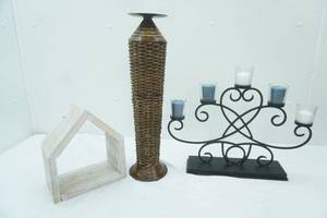 lot 156 image: Decorative Metal Votive Candle Holder (free standing) Tall Pillar Candle Holder, Wooden Home Decor
