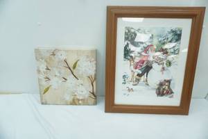 lot 185 image: Santa and Snowman picture 20 x 24, 3D flowers on canvas 14 x 14