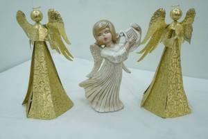 lot 192 image: Decorative Metal Tree Toppers. Golden Angels 14 tall each, Vintage Ceramic Angel Figurine 12 tall
