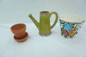 lot 201 image: Sullivans Pottery Ceramic Watering Can Vase, Vintage Hand-Painted Planter, Small Terracotta Planter