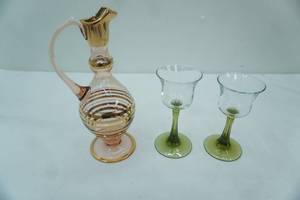 lot 205 image: Vintage Gilded Pink Glass Decanter, Stemmed Votive Candle Holders
