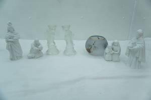 lot 212 image: Vintage Avon Nativity Pieces, Crystal Angel Candlestick Holders, Hand-Painted Glass Votive Holder