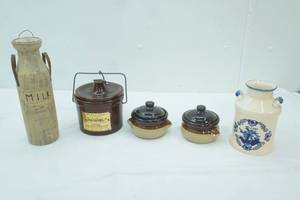 lot 213 image: 2-toned brown glazed soup cup sized pots with lids, Vintage Holland Ceramic Milk Can, Decorative Wooden Milk Jug, Vintage Cheese Crock
