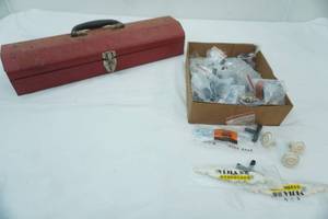 lot 216 image: Decorative Ornate and Modern Cabinet Knobs and Handles, Vintage Metal Toolbox