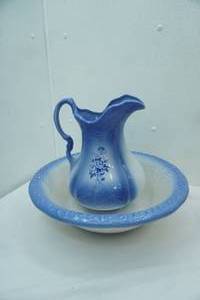 lot 225 image: VintageAntique Blue & White Ironstone Water Pitcher and Wash Basin