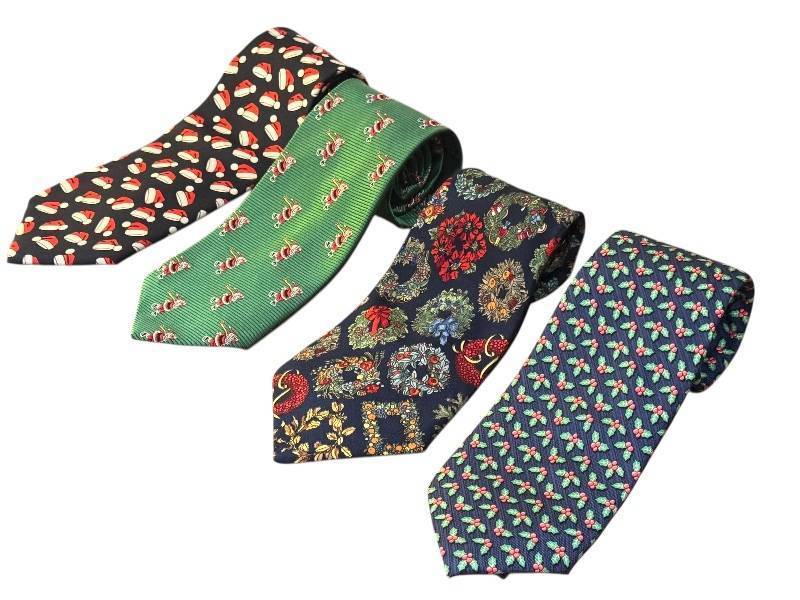lot 49D image: Set of 4 Christmas Holiday Silk Neckties Vineyards Vines, Nicole Miller, and More