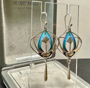 lot 9NP image: Pat Cheney Jewelry Scotland Sterling Silver Turquoise-Enamel Earrings