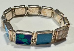 lot 19NP image: Sterling Silver Gemstone Panel Bracelet - Malachite, Onyx, Azurite, Jasper - 7 Inch