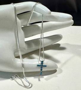 lot 20NP image: DiamonLuxe Sterling Silver Cross Necklace 22 Chain with Blue Stones