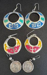 lot 23NP image: Aztec Calendar Earrings - Made in Mexico - Color Inlays