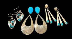 lot 39NP image: Sterling Silver Turquoise Earrings Set - 3 Pairs, Longest