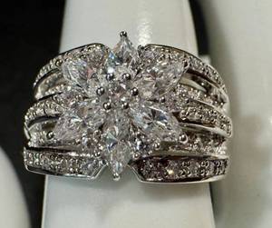 lot 42NP image: Epiphany Sterling Silver CZ Ring - Floral Cluster, Multi-Row Pav, Size 8