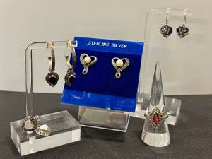 lot 43NP image: Sterling Silver Marcasite Heart Earrings (3 Pairs) & Ring Size 8