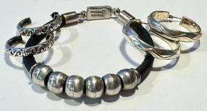lot 48NP image: Sterling Silver Leather Bracelet with Hammered Beads & Sterling Hoop Earrings