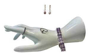 lot 53NP image: Amethyst Jewelry Set - Sterling Silver Bracelet & Rings, Crystal Earrings